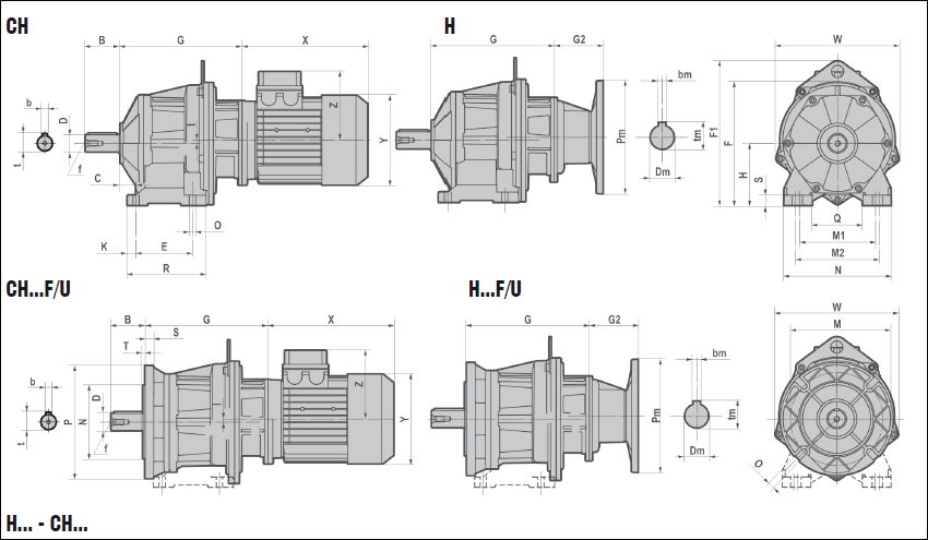 Трехступенчатые мотор-редукторы CHA33, CHA43, CHA53, CHA63